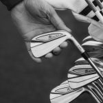 Miura Irons in golf bag-lifestyle B&W image