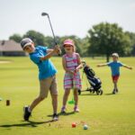 Three young children enjoying a sunny day on a green golf course.
