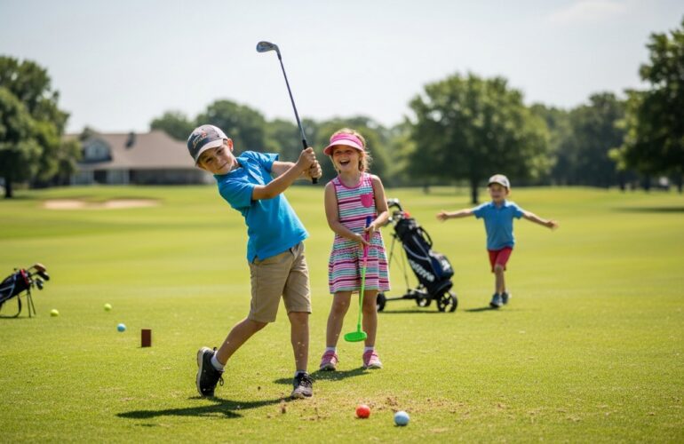 Three young children enjoying a sunny day on a green golf course.
