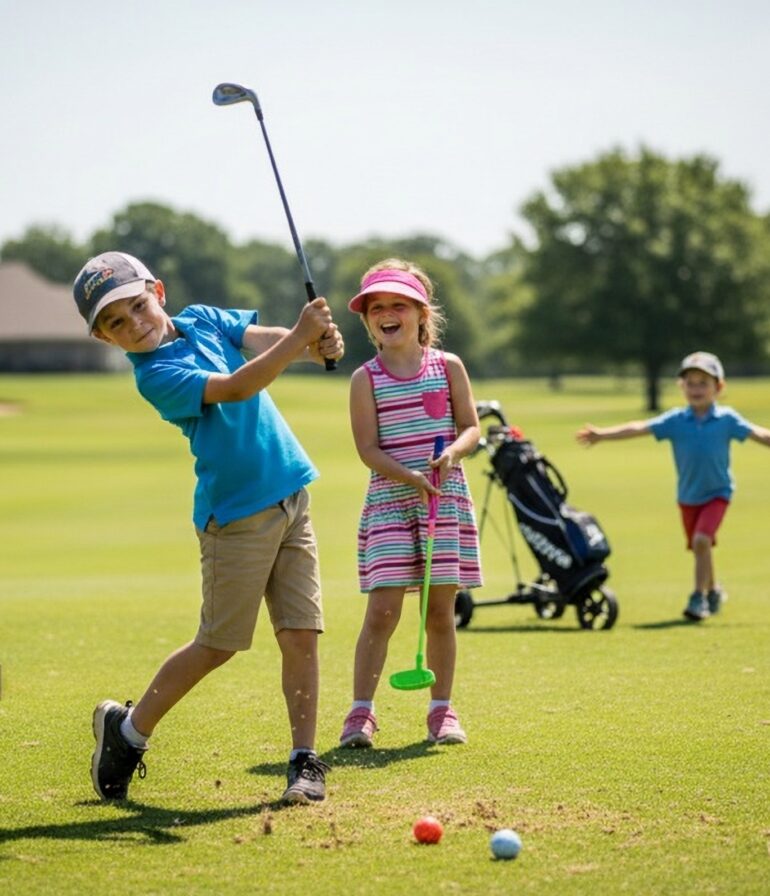 Three young children enjoying a sunny day on a green golf course.