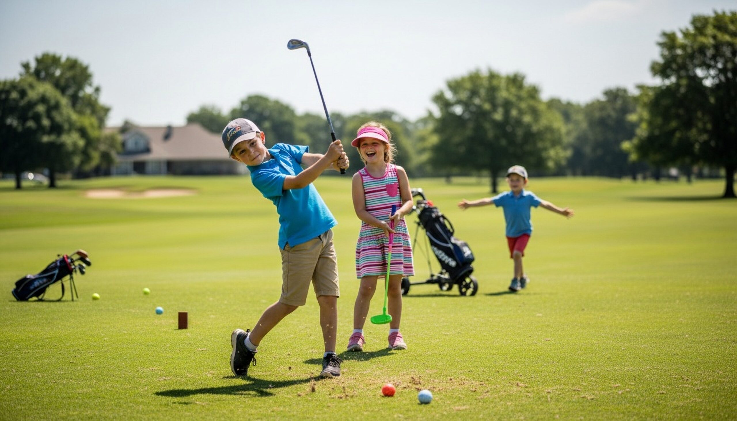 Three young children enjoying a sunny day on a green golf course.